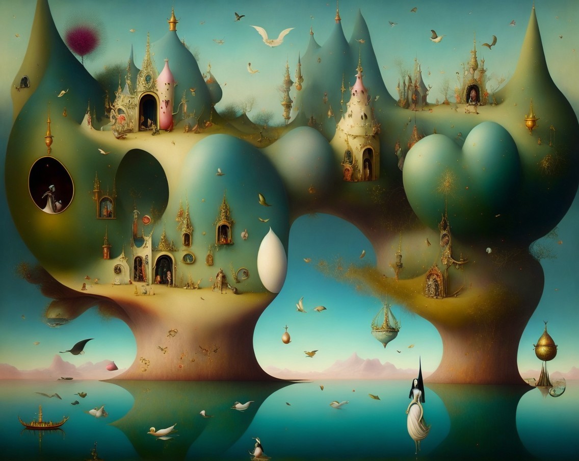 Whimsical Landscape with Dreamlike Architecture and Colors