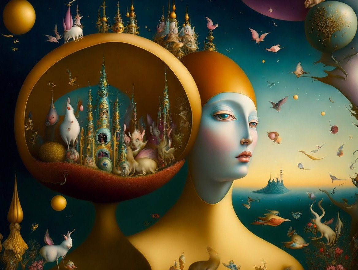 Surreal landscape with split head revealing whimsical world