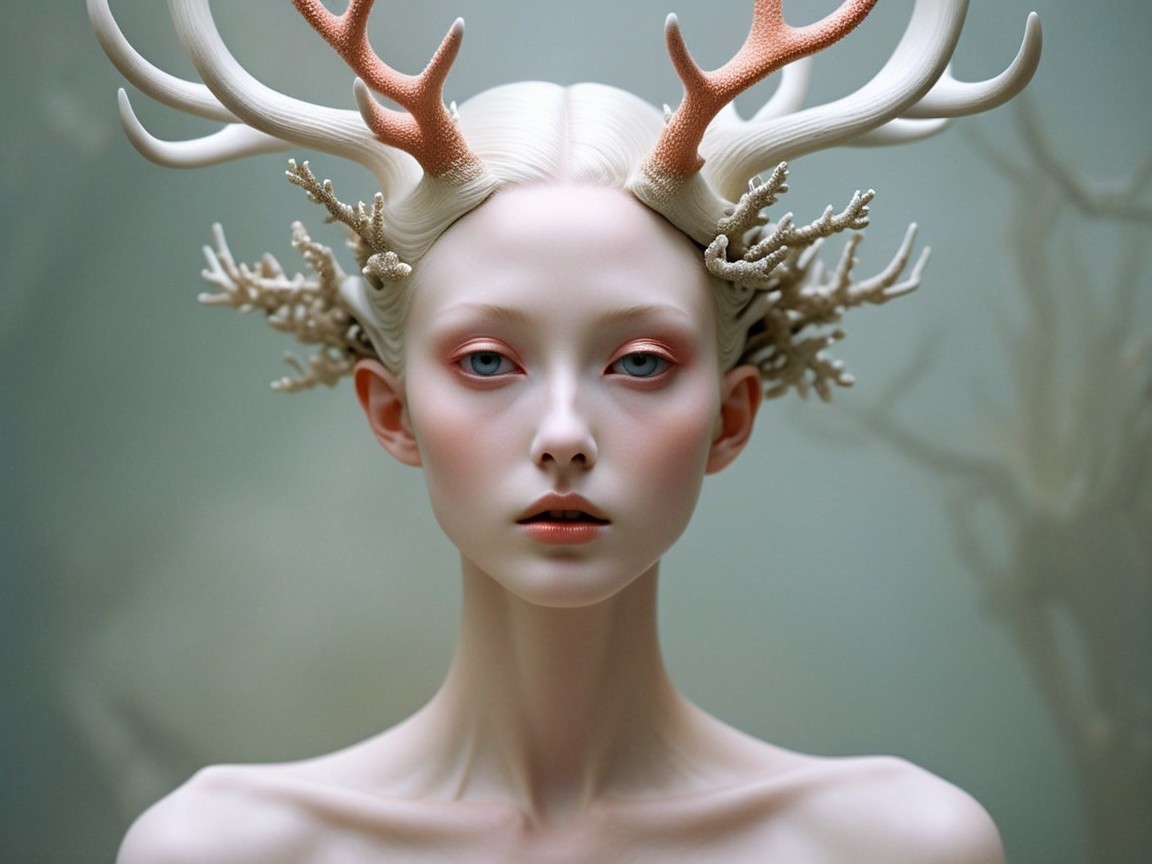 Ethereal Figure with Coral Antlers and Pale Skin