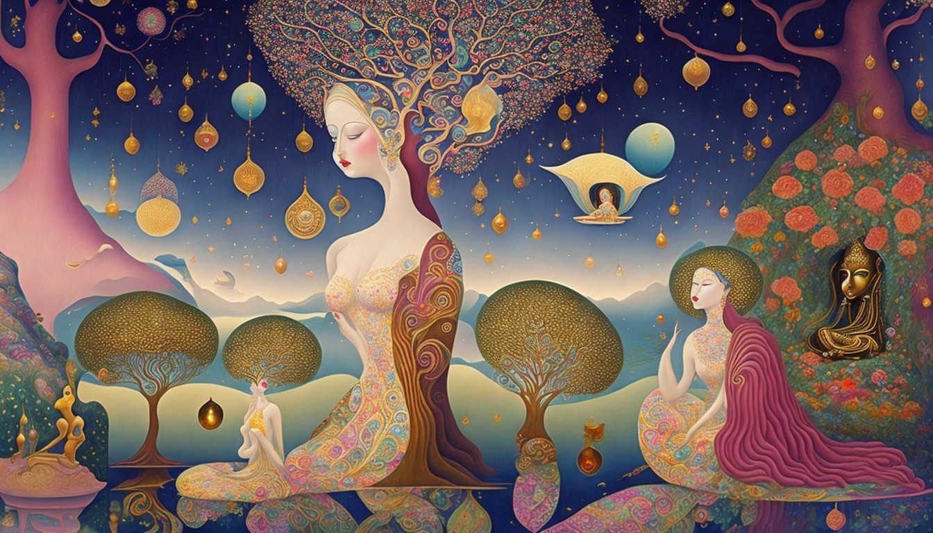 Surreal Landscape with Vibrant Colors and Serene Figures