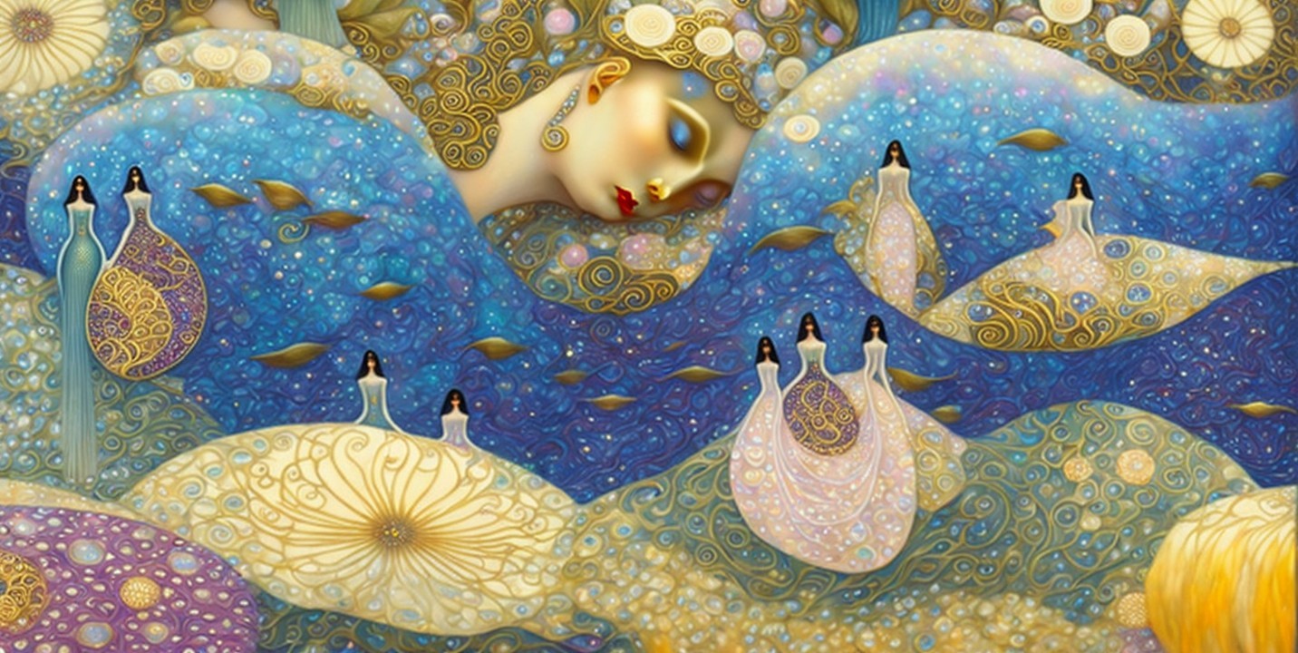 Dreamlike scene with serene figure on blue waves