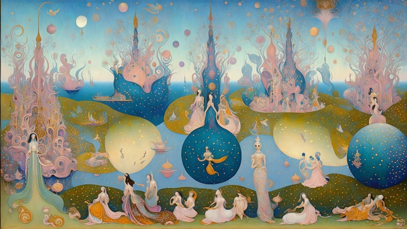 Whimsical Dreamlike Landscape with Colorful Towers