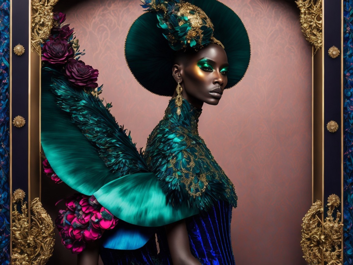 Vibrant Fashion Portrait with Luxurious Gown and Headpiece