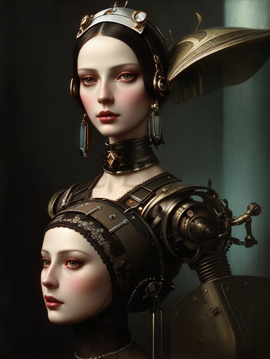 Futuristic Steampunk Humanoid Robot with Metallic Details