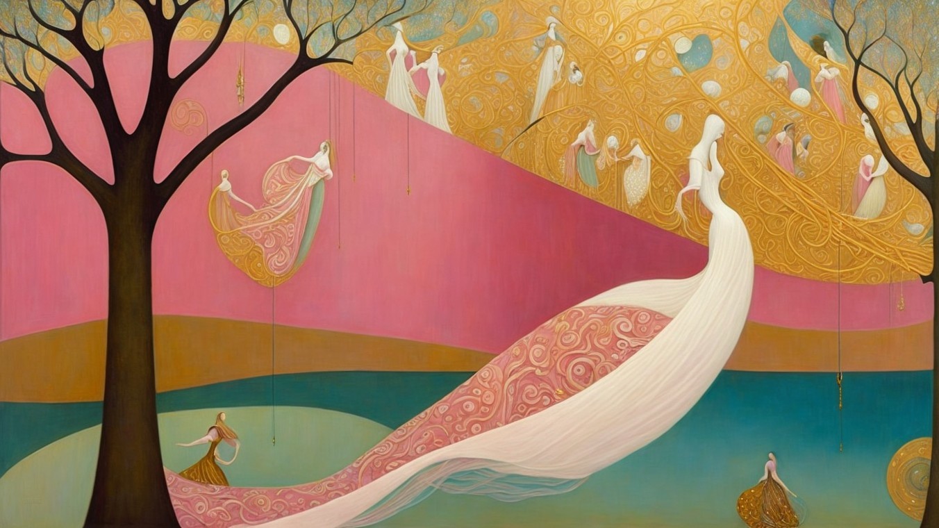Whimsical Scene with Flowing Gown in Pink Landscape