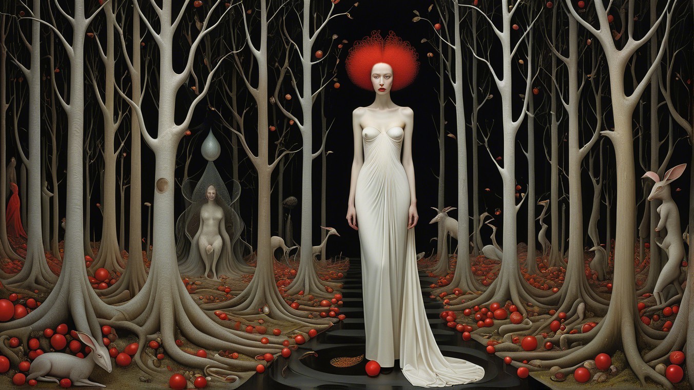 Surreal forest scene with pale figure and red apples