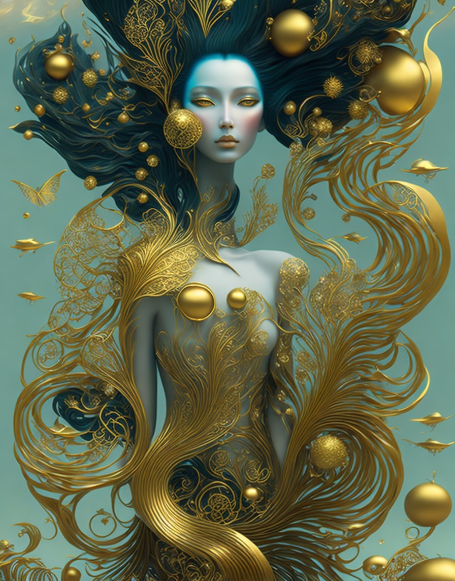 Surreal Woman with Flowing Hair and Golden Patterns