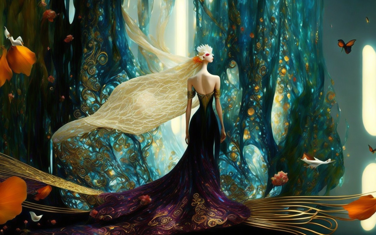 Mystical figure in vibrant enchanted forest setting