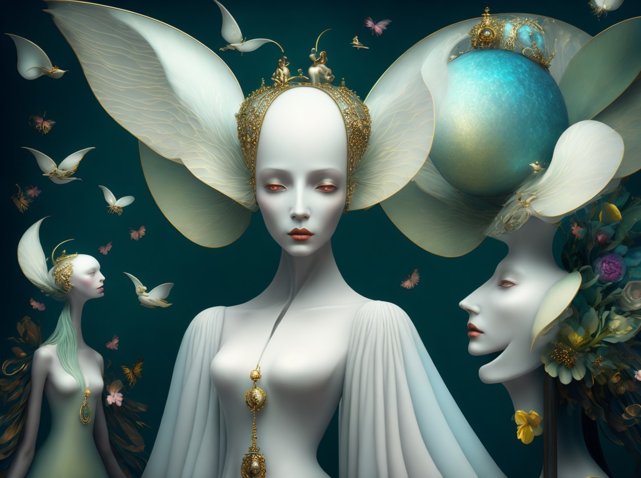 Surreal Scene with Ethereal Figures and Butterflies