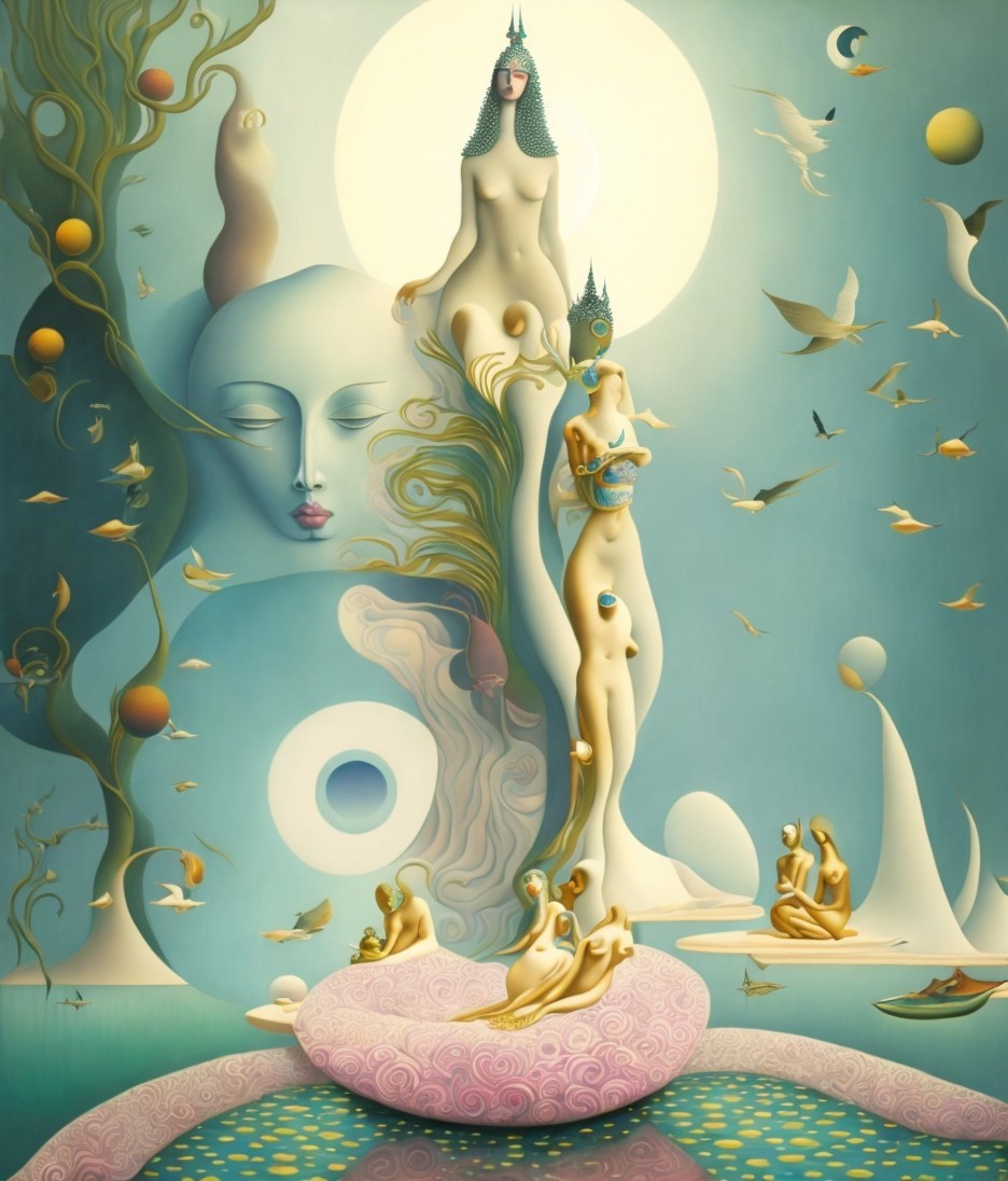 Surreal Landscape with Ethereal Figures and Pastel Colors