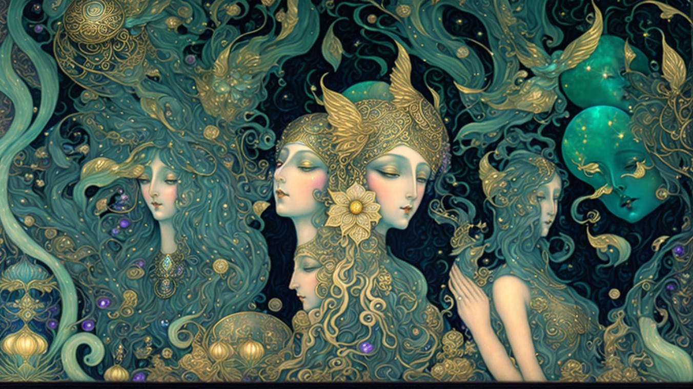 Ethereal Figures with Golden Details and Nature Motifs