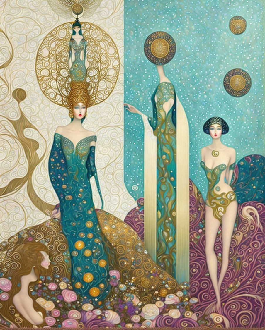 Ethereal Figures in Intricate Garments and Patterns