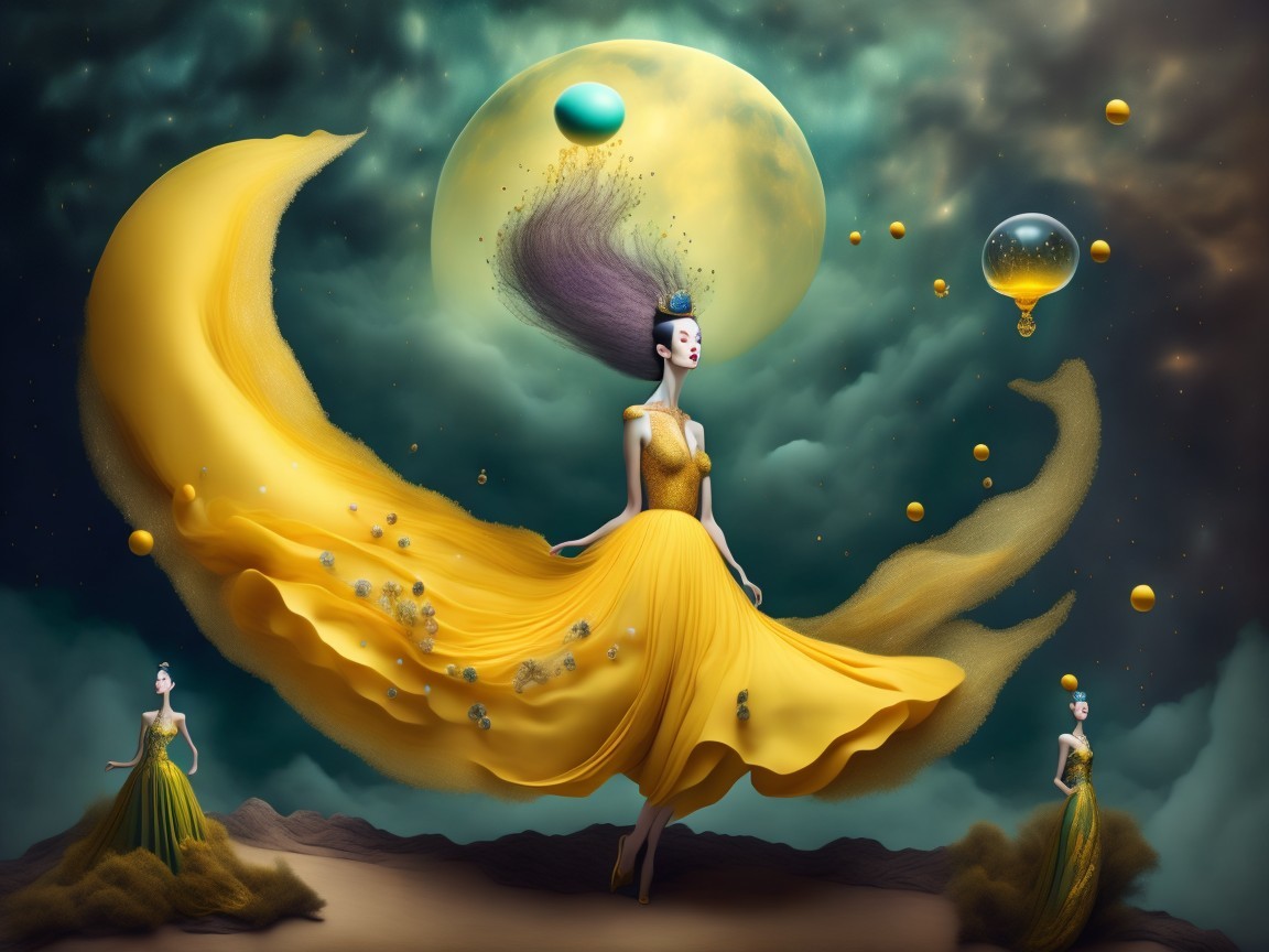 Surreal Scene with Figures in Yellow Gowns and Moon