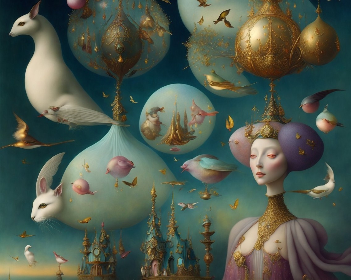 Surreal Landscape with Regal Figure and Ethereal Orbs