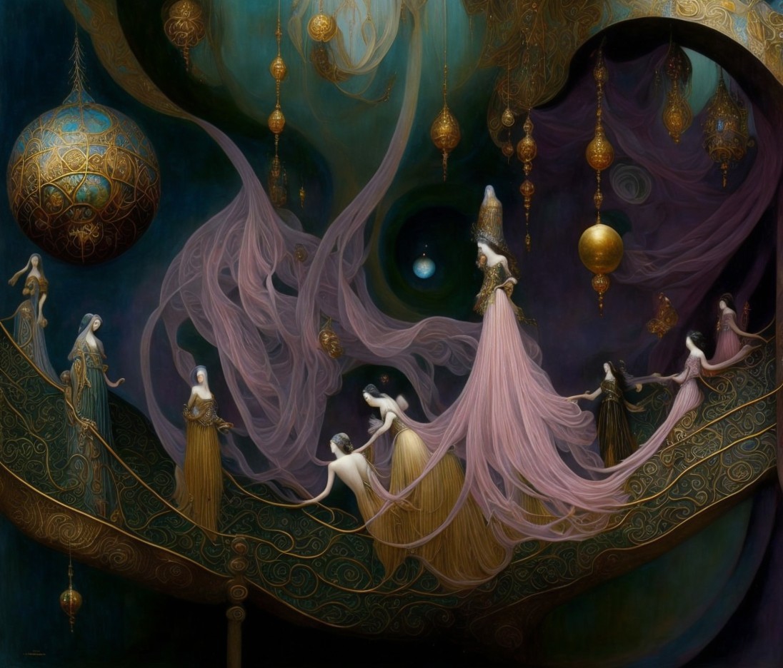 Ethereal Figures on an Ornate Staircase in Fantasy Realm
