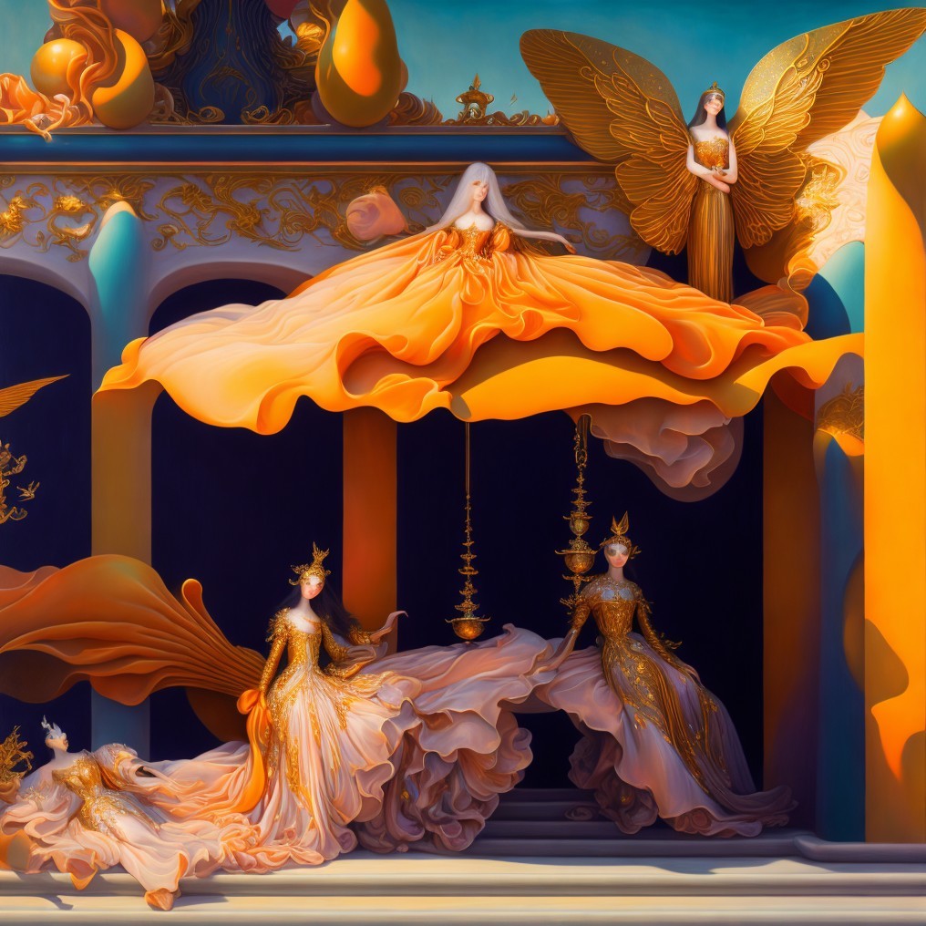 Surreal Scene with Ethereal Figures in Vibrant Gowns