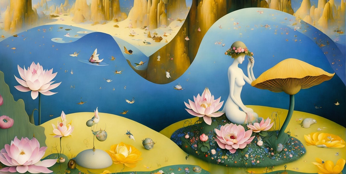 Surreal Landscape with Lotus Flowers and Mushrooms