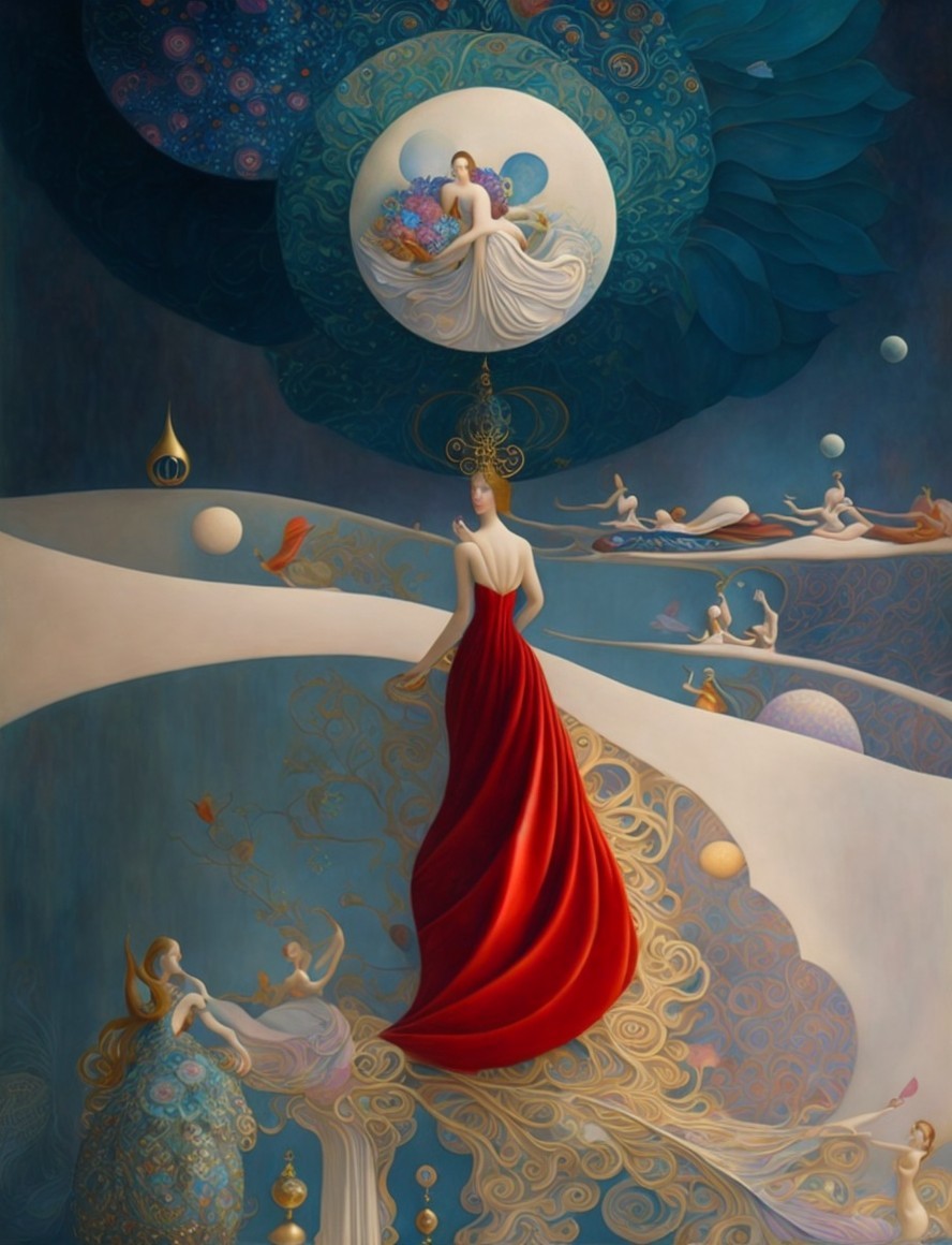 Surreal Scene with Central Figure in Red Gown