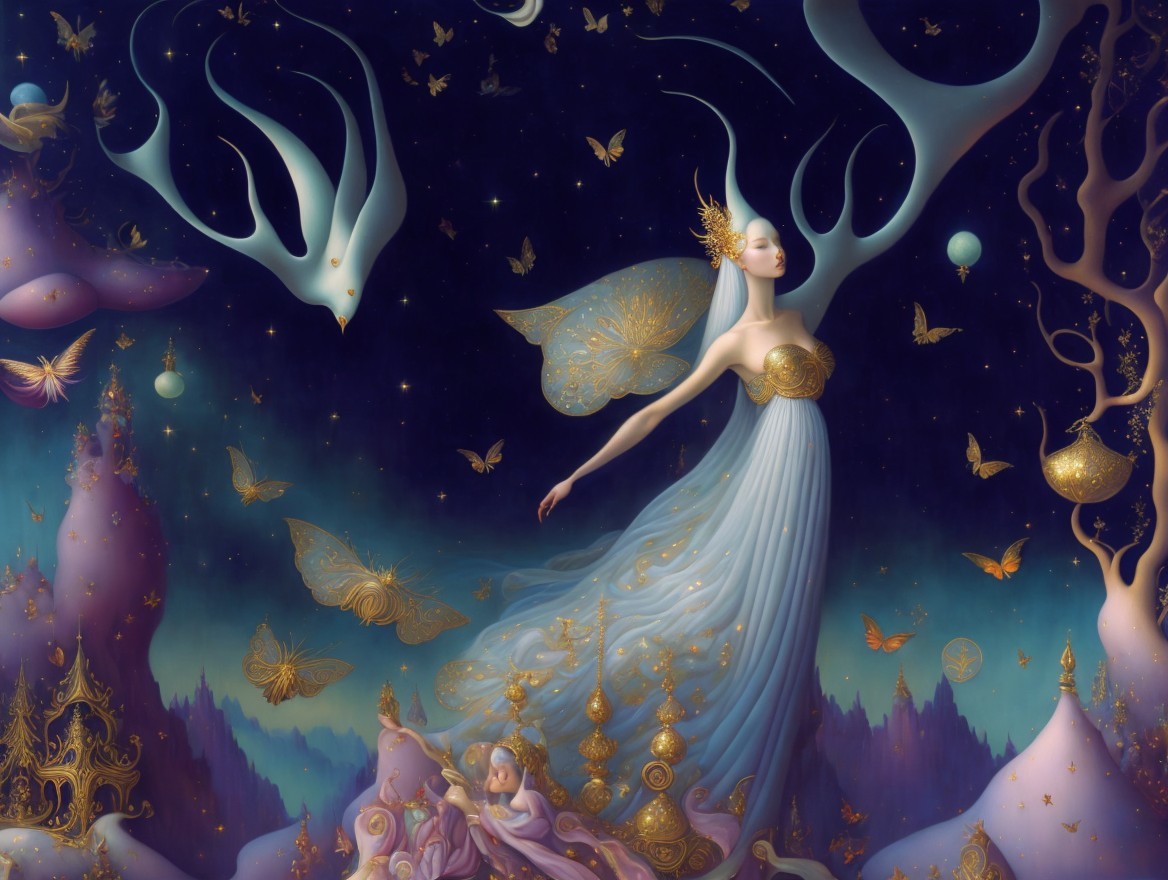 Ethereal Scene with Graceful Figure and Night Sky
