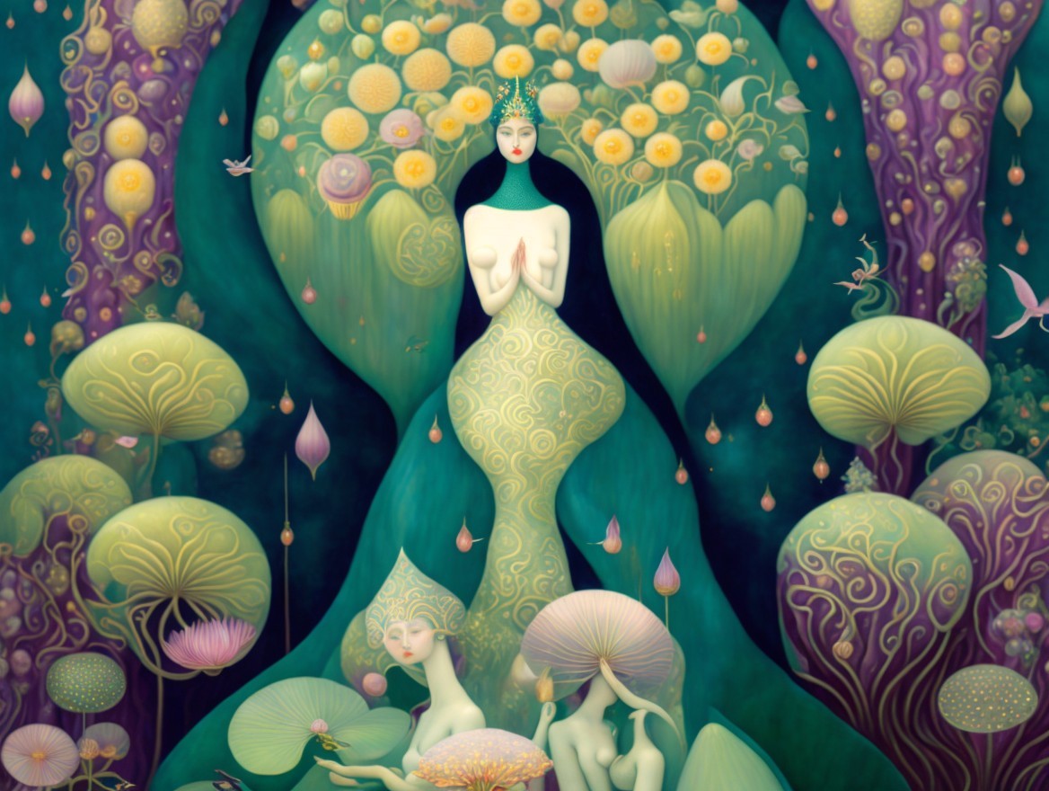 Mystical Scene with Elongated Female Figure and Flora