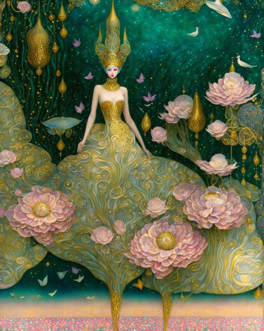 Whimsical Scene with Golden Gown and Lotus Flowers