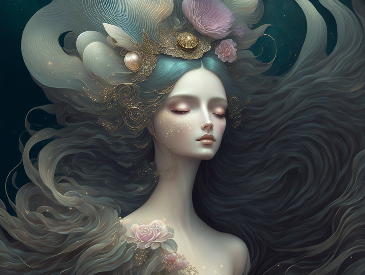 Ethereal woman with oceanic hues in dark blue backdrop