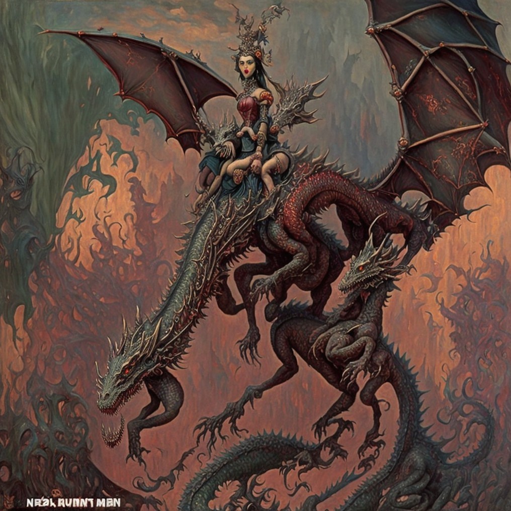 Powerful Woman on Multi-Headed Dragon in Dark Fantasy