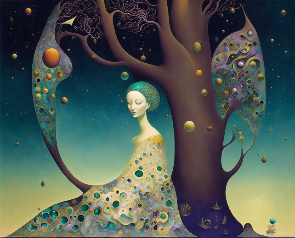 Serene figure in intricate gown beside surreal tree
