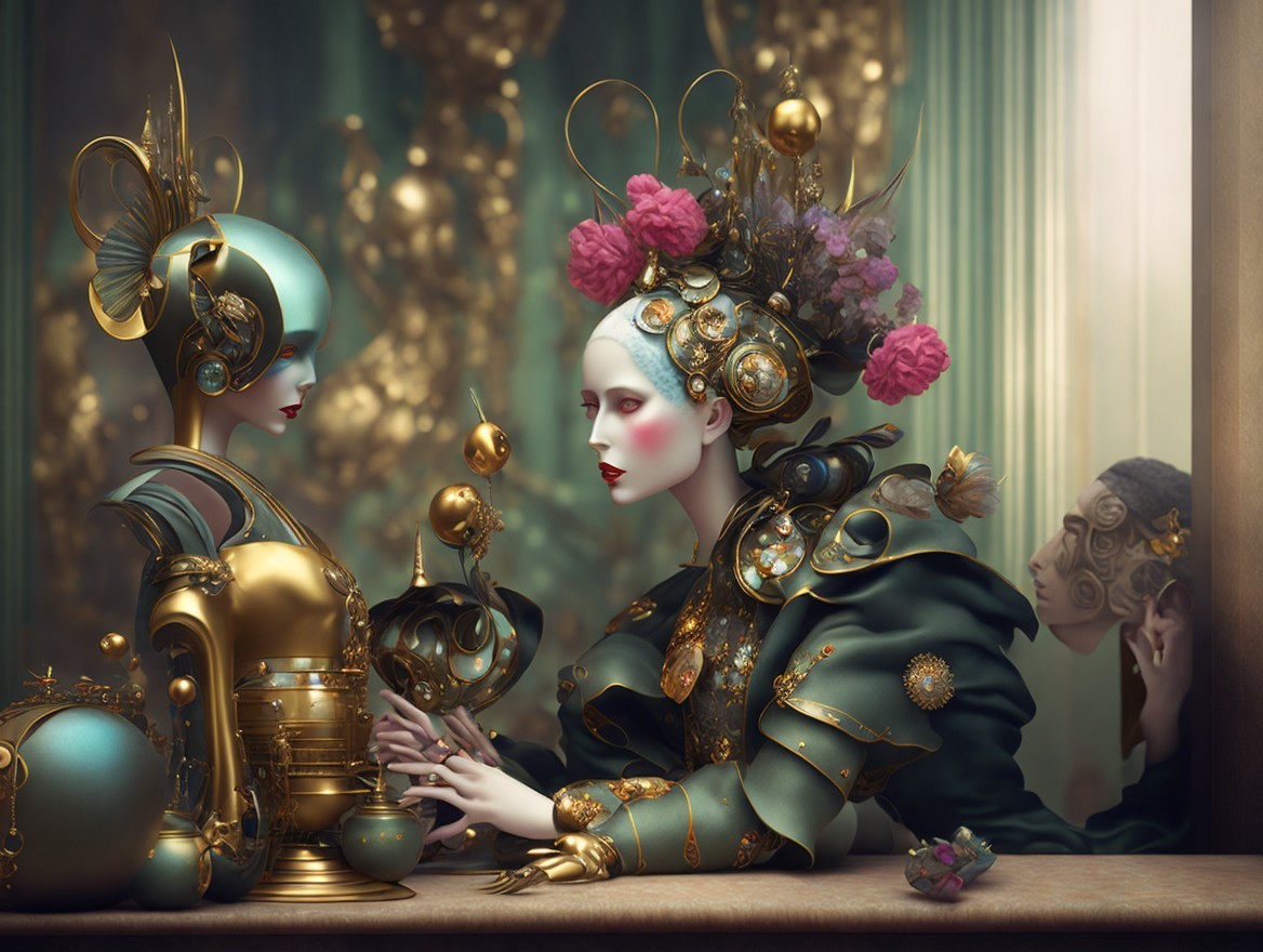 Surrealistic Scene with Elegant Figures in Opulent Setting