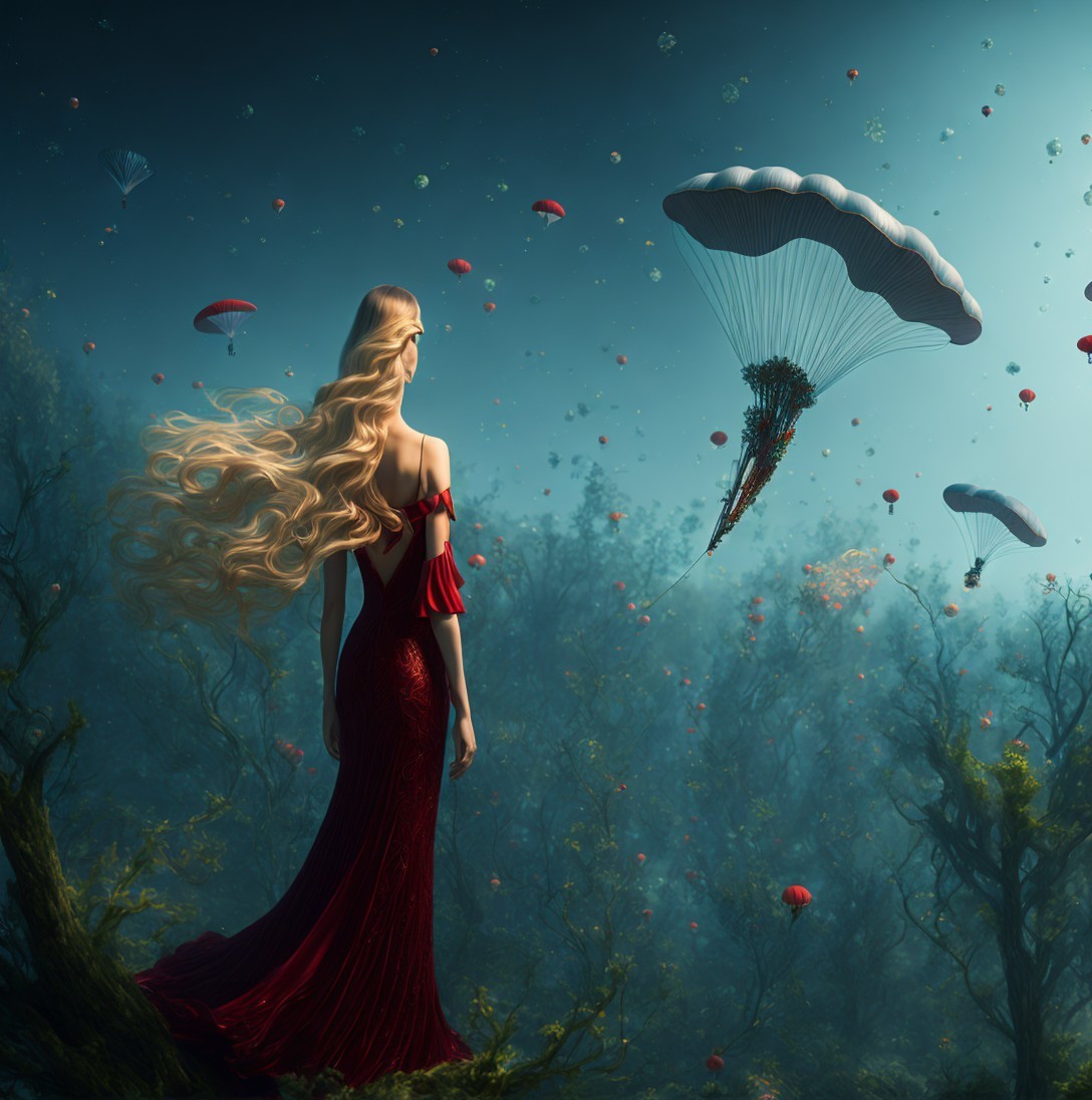 Underwater Scene with Figure in Red Gown and Jellyfish
