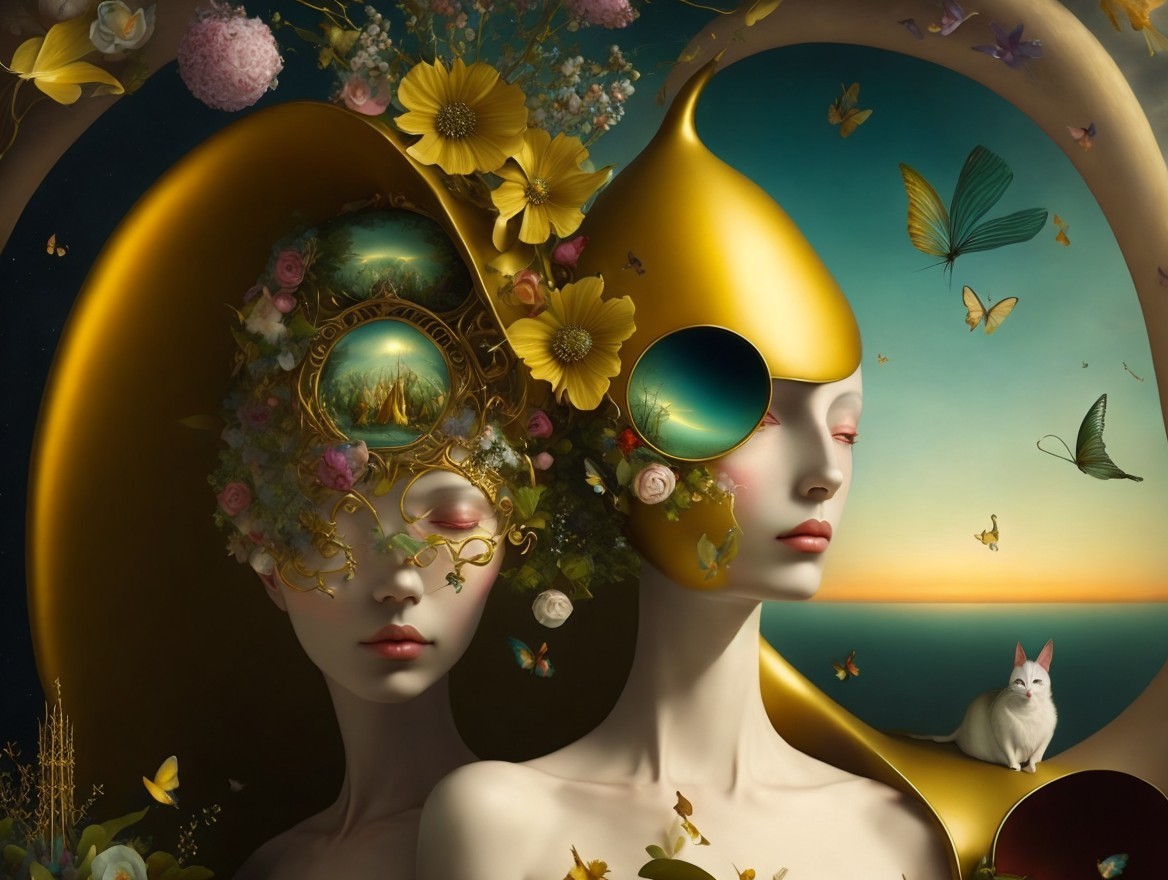 Surreal Figures with Golden Headpieces in Dreamy Landscape