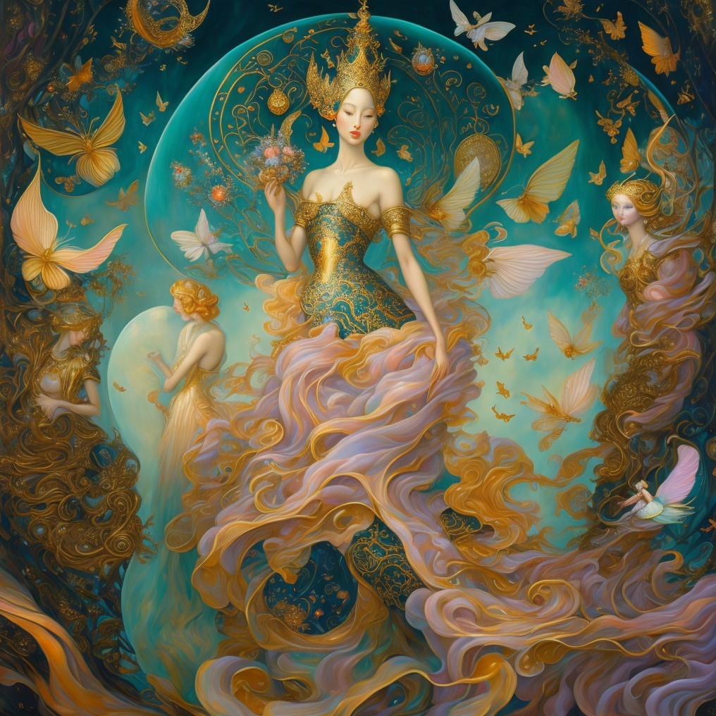 Ethereal scene with elegant figure and vibrant colors