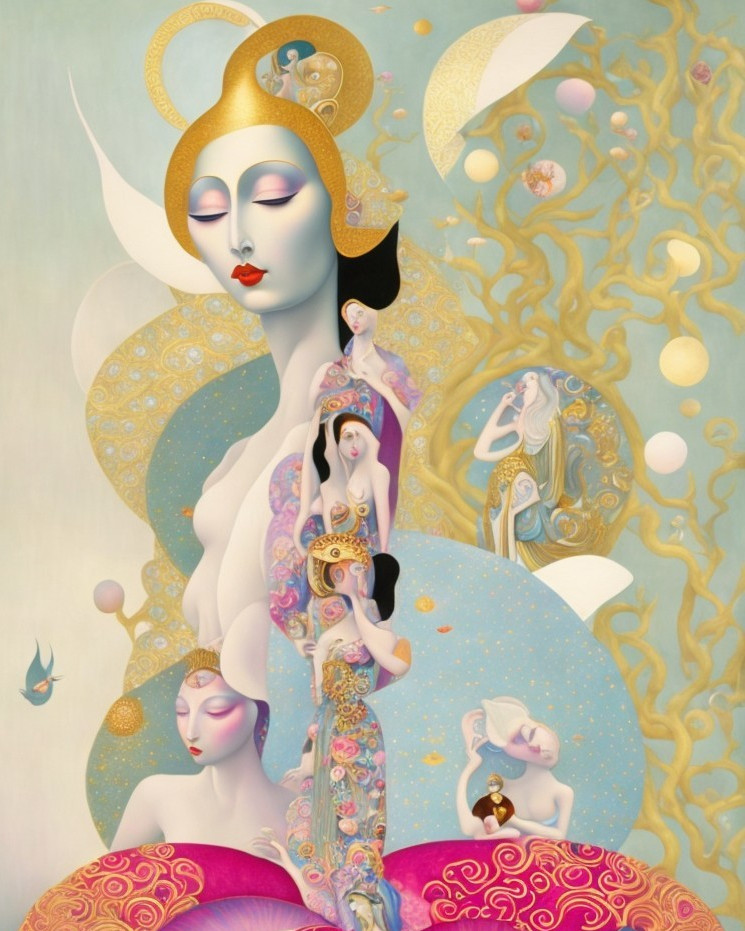 Ethereal Figure Surrounded by Graceful Forms and Nature