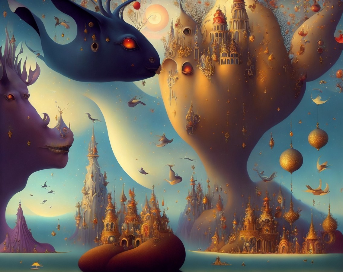 Surreal Landscape with Whimsical Creatures and Architecture