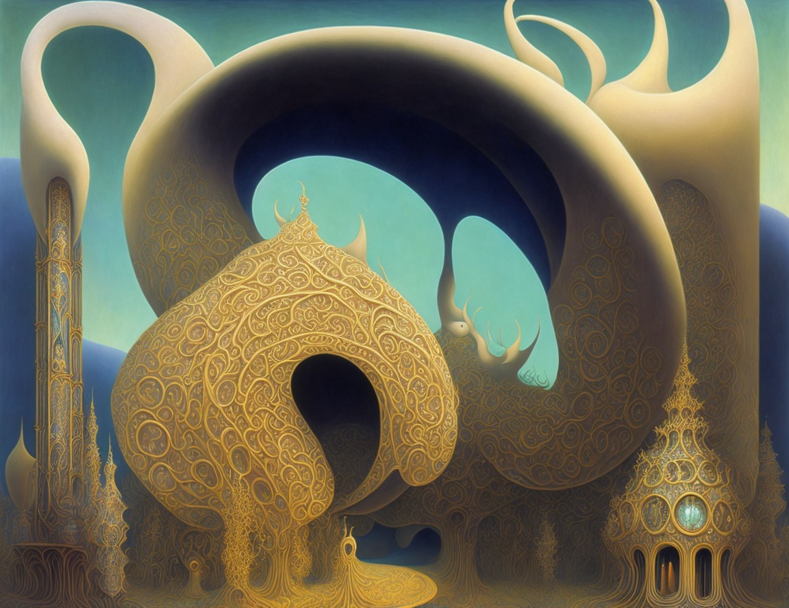 Surreal Landscape with Organic Shapes and Ethereal Towers