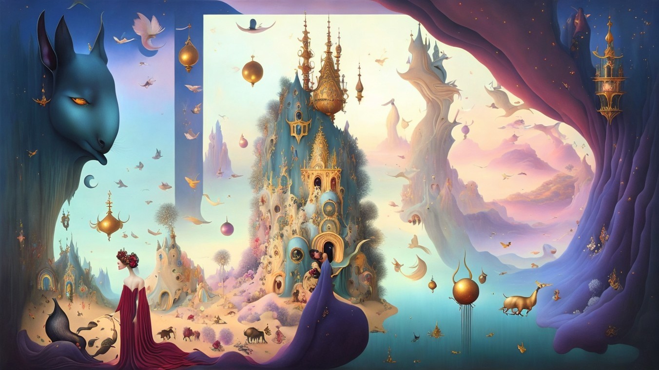 Surreal Landscape with Majestic Mountains and Figures
