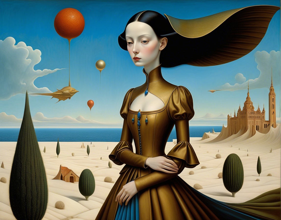 Surreal Landscape with Elegant Woman in Golden Gown