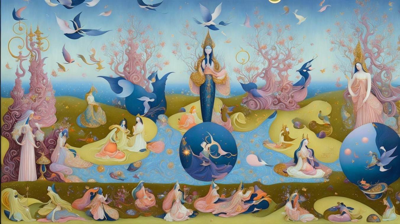Surreal Dreamlike Landscape with Ethereal Figures