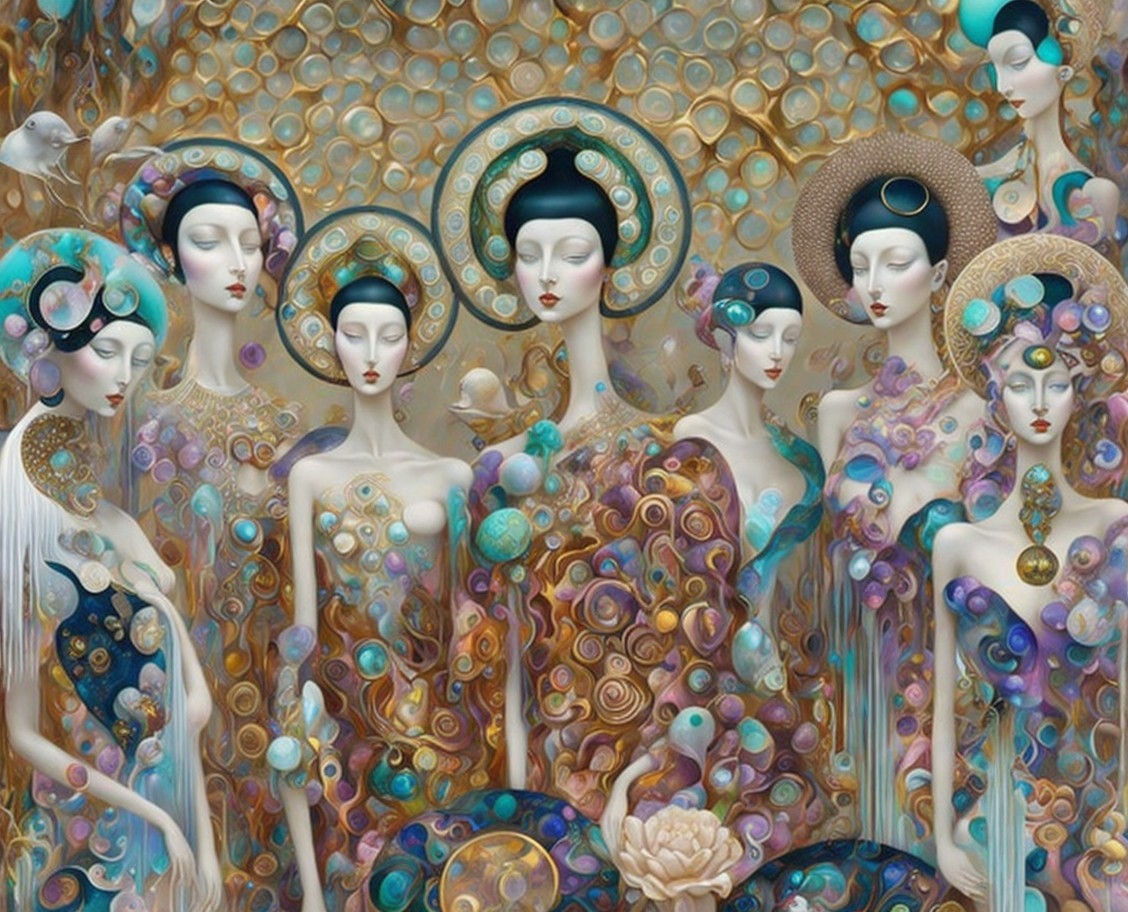 Intricate Artwork of Elegantly Dressed Women in Colorful Patterns