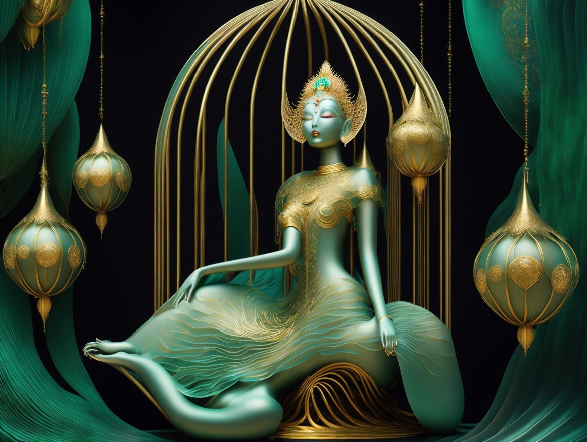 Serene Figure Surrounded by Teal Fabrics and Lanterns