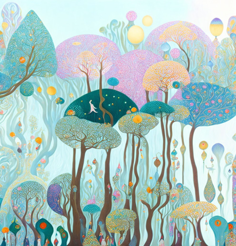 Whimsical Landscape with Fantastical Trees and Orbs