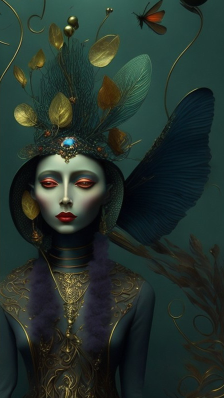 Ethereal figure with leaf and feather headpiece