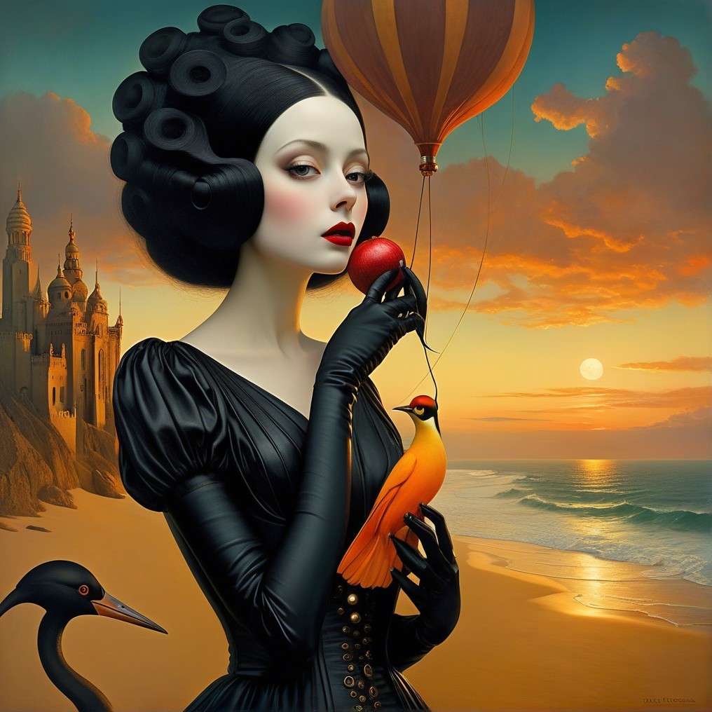 Mysterious Woman in Black Dress at Sunset Scene
