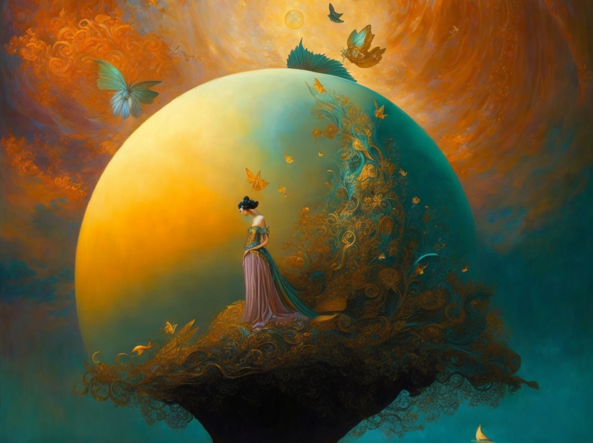 Serene Woman in Gown Amid Vibrant Fantasy Landscape