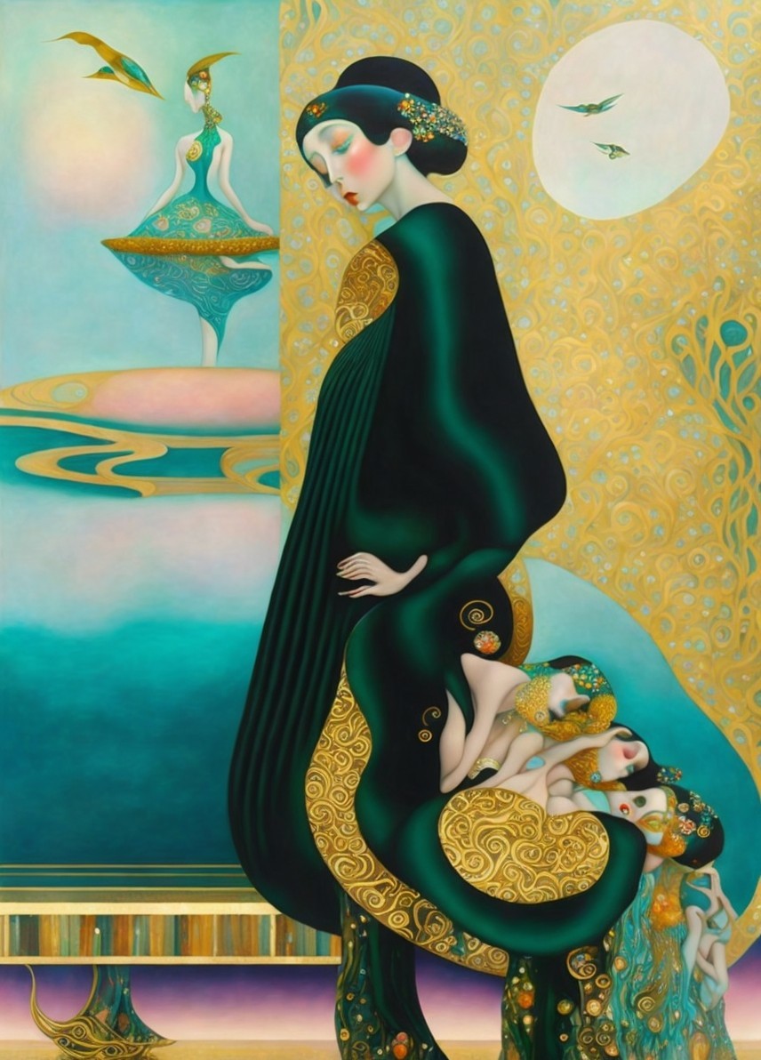 Woman in Dark Gown with Whimsical Figures and Surreal Background