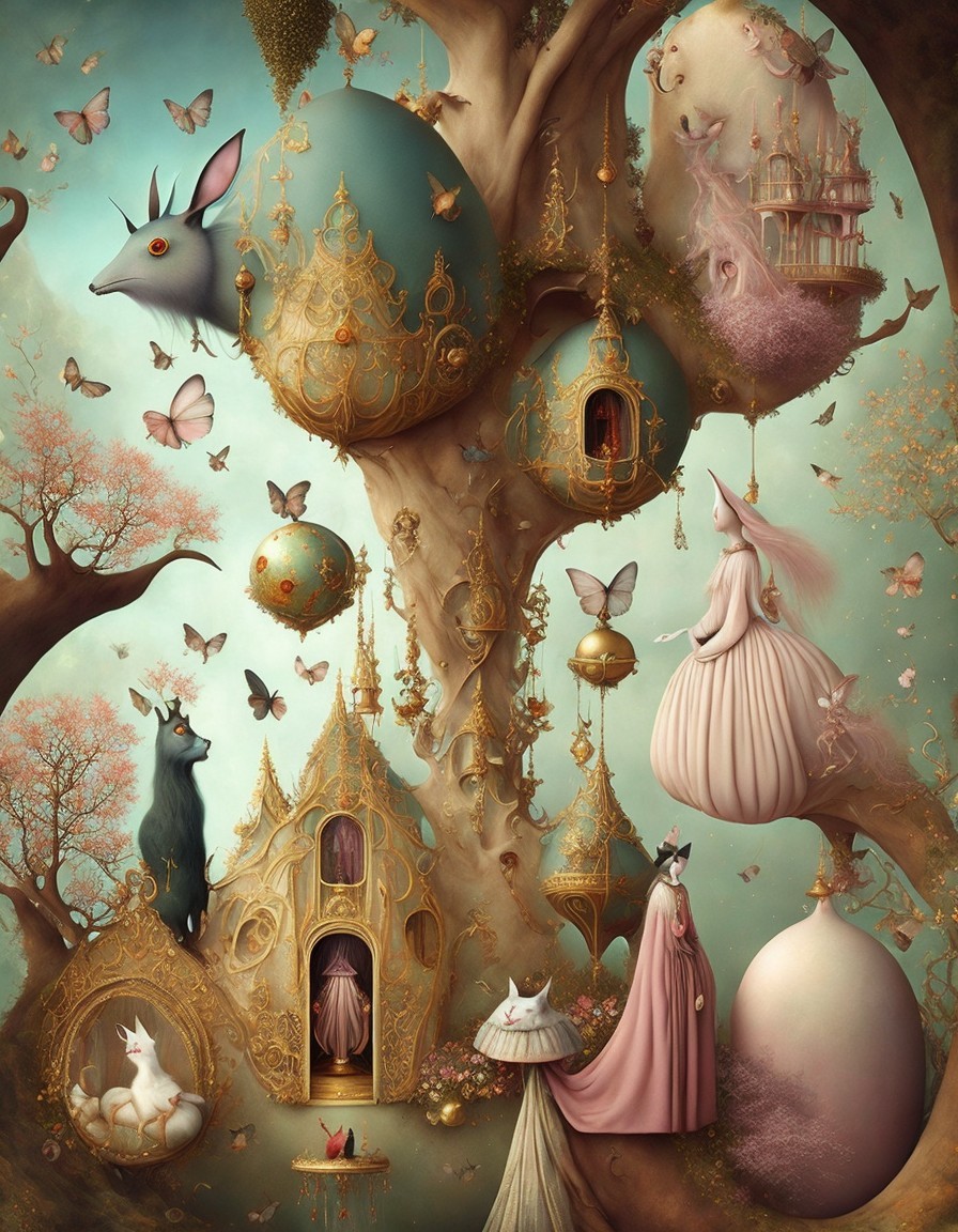Whimsical Fantasy Scene with Pastel Eggs and Butterflies