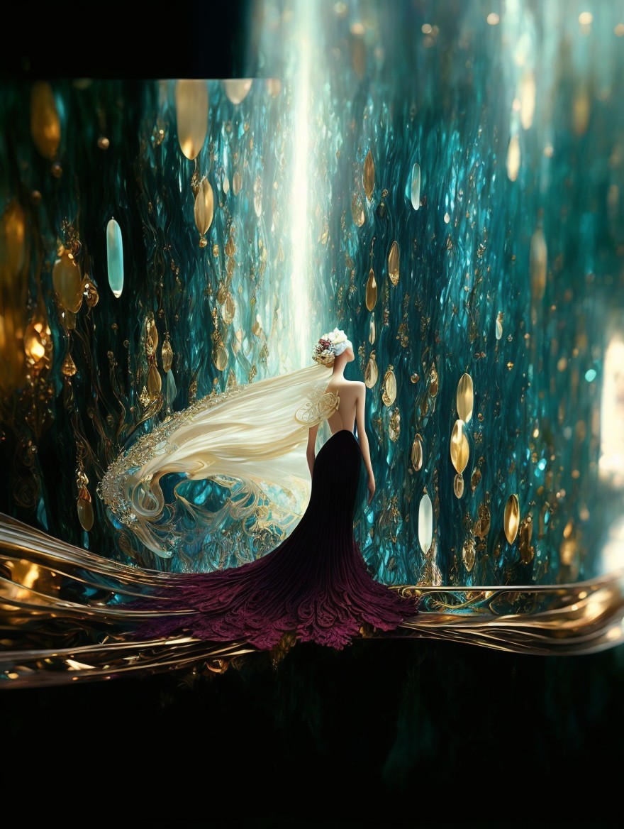 Ethereal Figure in Burgundy Gown with Floral Crown