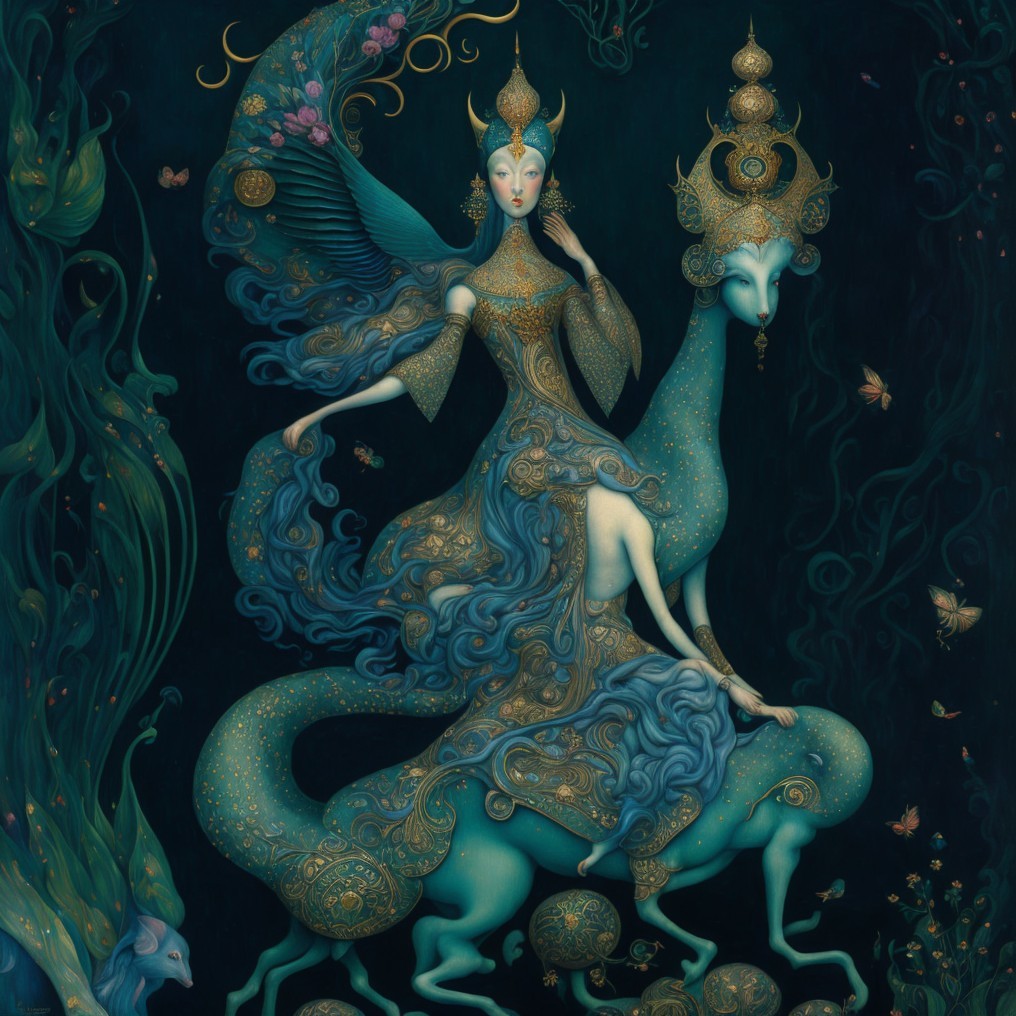 Fantastical figure in blue garments with mythical creature