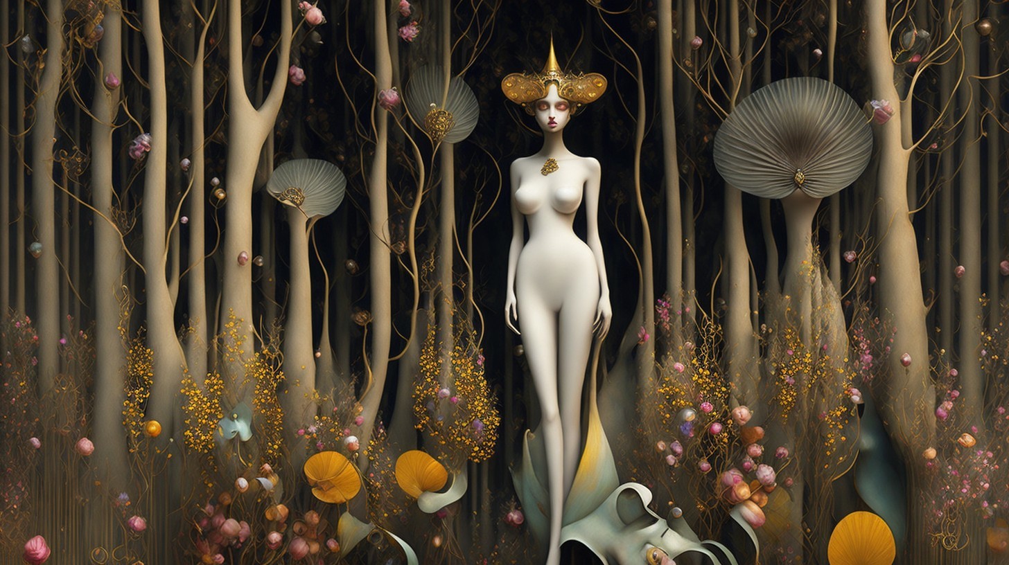 Surreal Forest Scene with Ethereal Flora and Figure