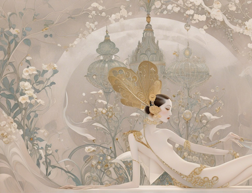 Stylized figure with floral motifs and pastel background